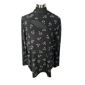 Como Blu Women's Long Sleeve Black Floral Asymmetrical‎ Mock Neck Shirt SIze 1X